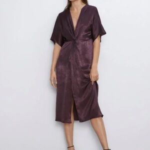 ZARA Knotted Satin Midi Dress in Plum Purple Size XS
